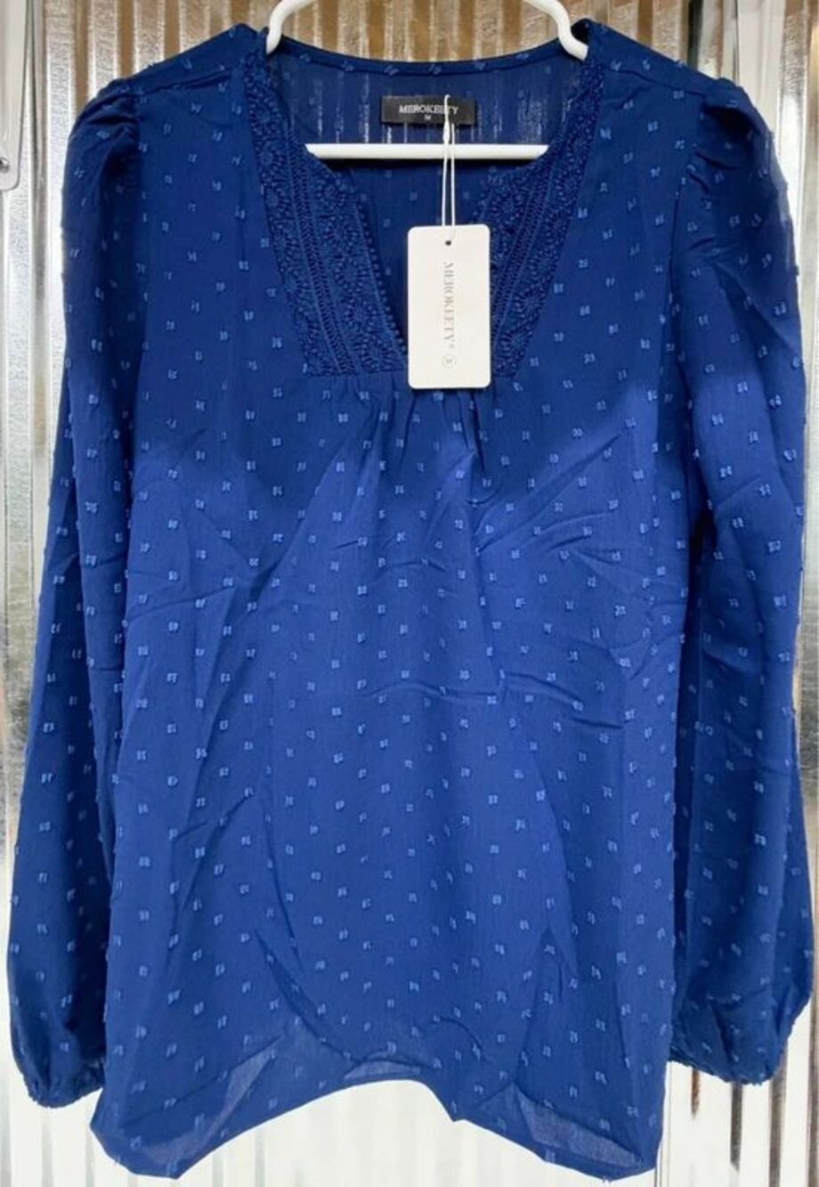Women’s Medium Royal Blue Swiss Dot Lace V Neck Long Sleeve Blouse NWT